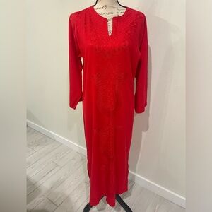 Uzman Giyim Vibrant Red Long Sleeve Resort Gown 100 % Cotton EUC